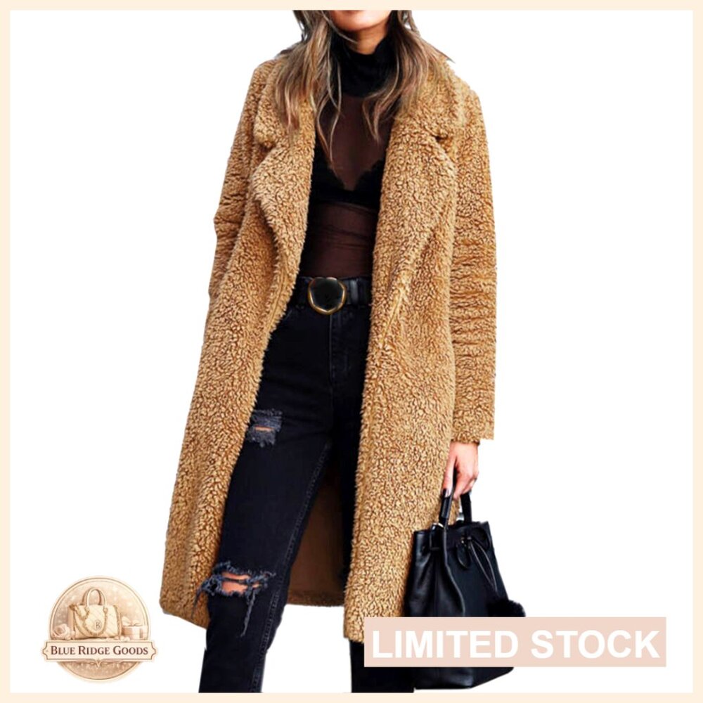 Faux Fur Lapel Cardigan Coat Fuzzy Fleece Long Open Front Winter Outwear